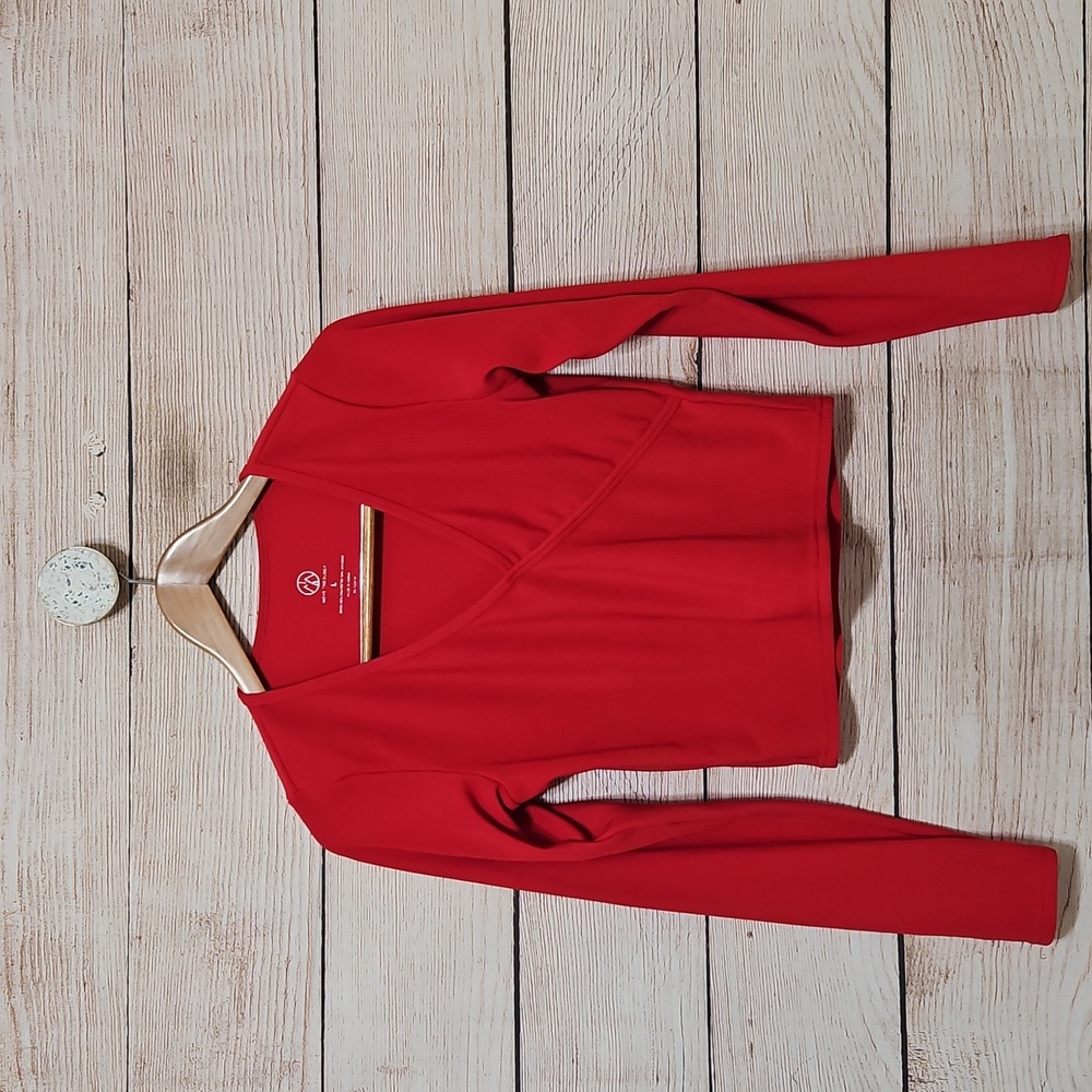 💜 Move Theology Red V-Neck Faux Wrap Ribbed Cropped Top Large